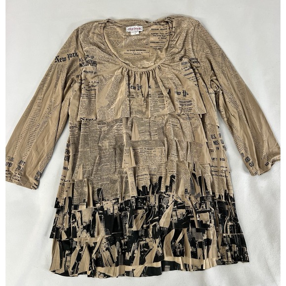 Reina Women's New York Newspaper Printed Layered Pullover Blouse Top Y2K USA L - Picture 4 of 9